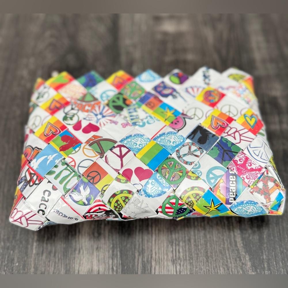 Nahui Ollin Peace & Love Mona Lisa Recycled Woven Clutch Handmade Mexico